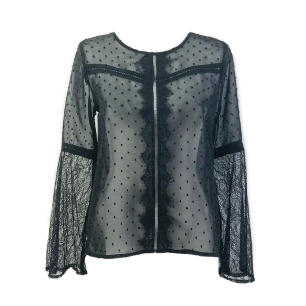 NWT Self Steem Lace Sheer Blouse Top Long Sleeves Black Sz S